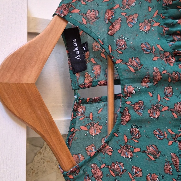 Aakaa Teal Floral Ruffle Blouse, M - Picture 2 of 3